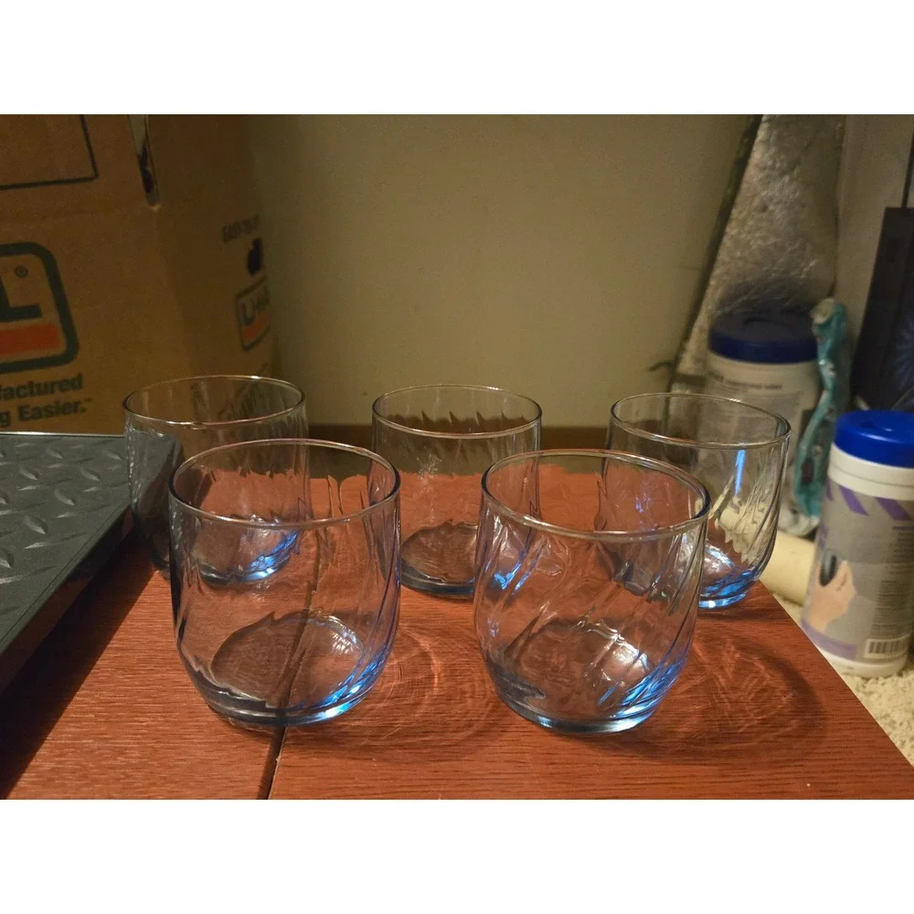 Vintage Light Blue Swirl Optic Glass Tumblers Set of 5 Mid Century